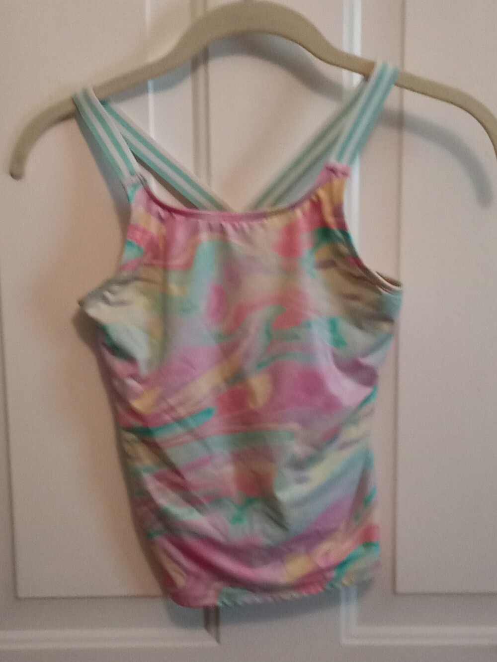 Land's End Girl's Pastel Marble-Print Tankini Top with Striped Crossback Straps